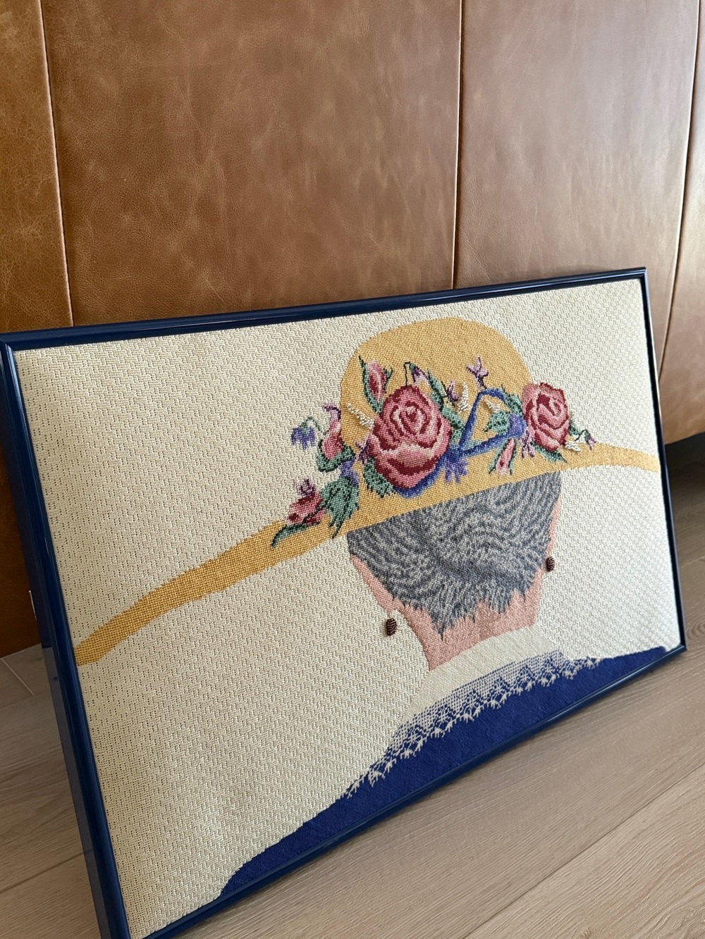 Embroidered Lady in Hat Wall Art - Blue, Yellow & Pink